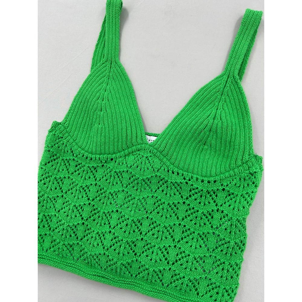 Zara Green Pointelle Knit Crop Top V-Neck Sleeveless Tank Small - Picture 12 of 12